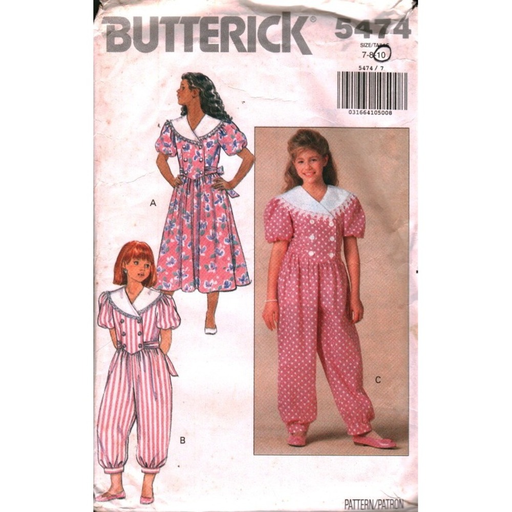 Vintage‎ Butterick 5474 Girls Dress Jumpsuit Sewing Pattern Size 7 8 10 1991 Cut